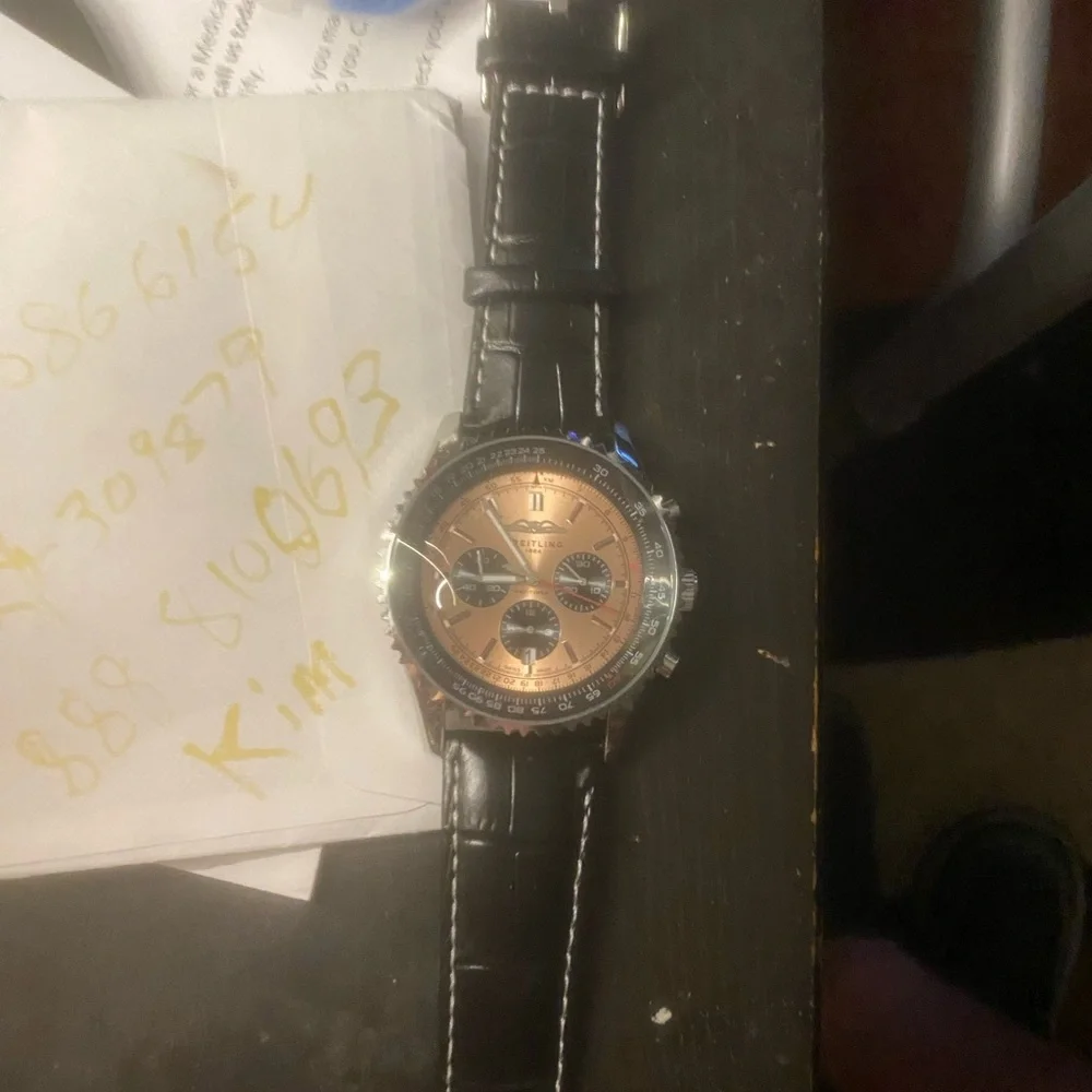 New Breitling Silver Case Avaitor Watch with Copper Dial and Black Strap